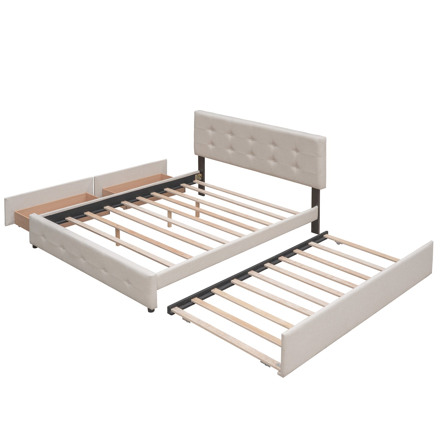 Dark Beige Upholstered Platform Bed with 2 Drawers & Twin XL Trundle – Chic Queen Bed with Storage