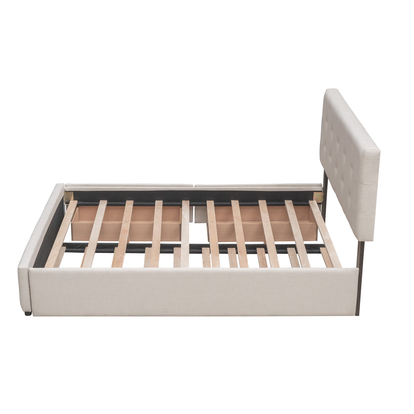 Dark Beige Upholstered Platform Bed with 2 Drawers & Twin XL Trundle – Chic Queen Bed with Storage