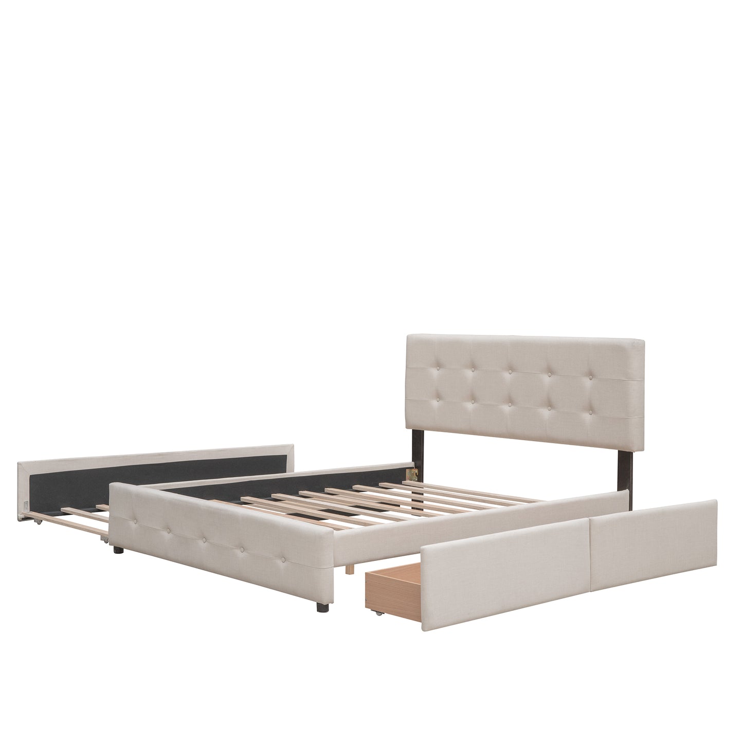 Dark Beige Upholstered Platform Bed with 2 Drawers & Twin XL Trundle – Chic Queen Bed with Storage