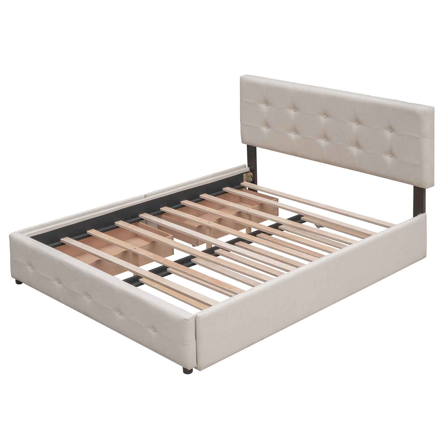 Dark Beige Upholstered Platform Bed with 2 Drawers & Twin XL Trundle – Chic Queen Bed with Storage