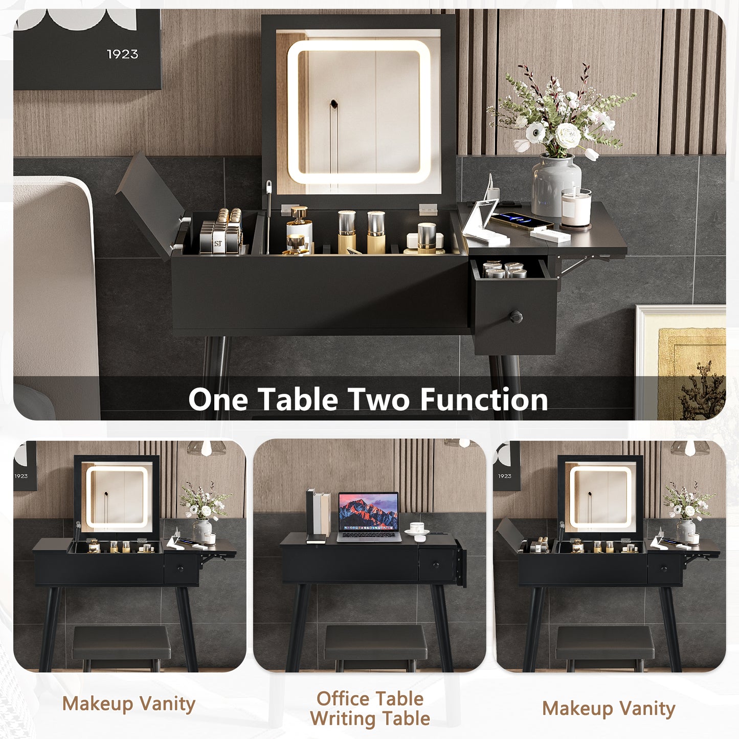 27.9" Black Makeup Vanity Desk with Flip Top Mirror & LED Light – Charging Station, 2 Drawers, Black Makeup Vanity, Flip Top Mirror, LED Light Vanity
