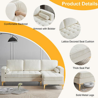 218*141*87cm 3-Seater With Footstool Chenille Rhombus Electroplated Golden Tripod Legs Indoor Modular Sofa Beige
