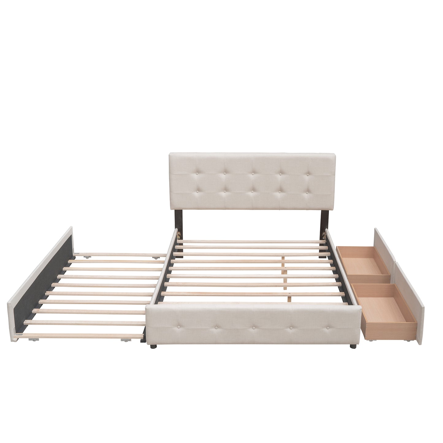 Dark Beige Upholstered Platform Bed with 2 Drawers & Twin XL Trundle – Chic Queen Bed with Storage