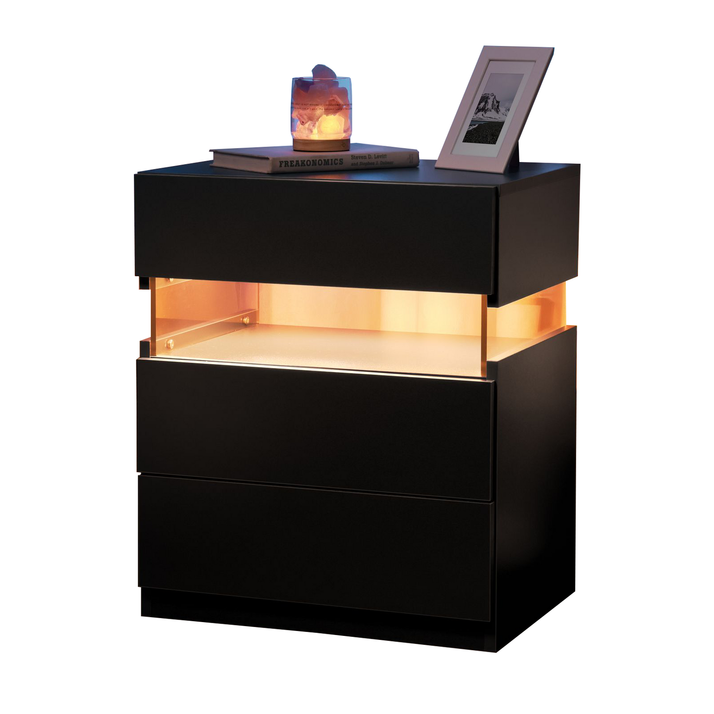 LED Nightstands 3 Drawer Dresser for Bedroom End Table with Acrylic Board LED Bedside Tables for Bedroom Living Room Bedside Furniture (Black)