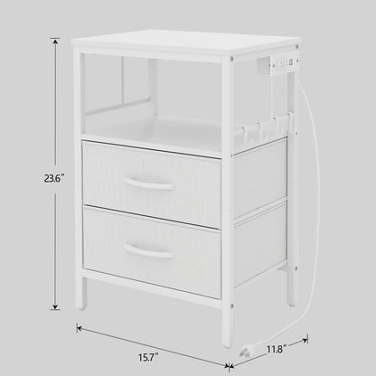 Nightstand with Charging Station, Side Table with Fabric Drawers and Open Shelf, Night Stand for Bedroom Decor, Bedside Table with USB Ports & Outlets (White,1)