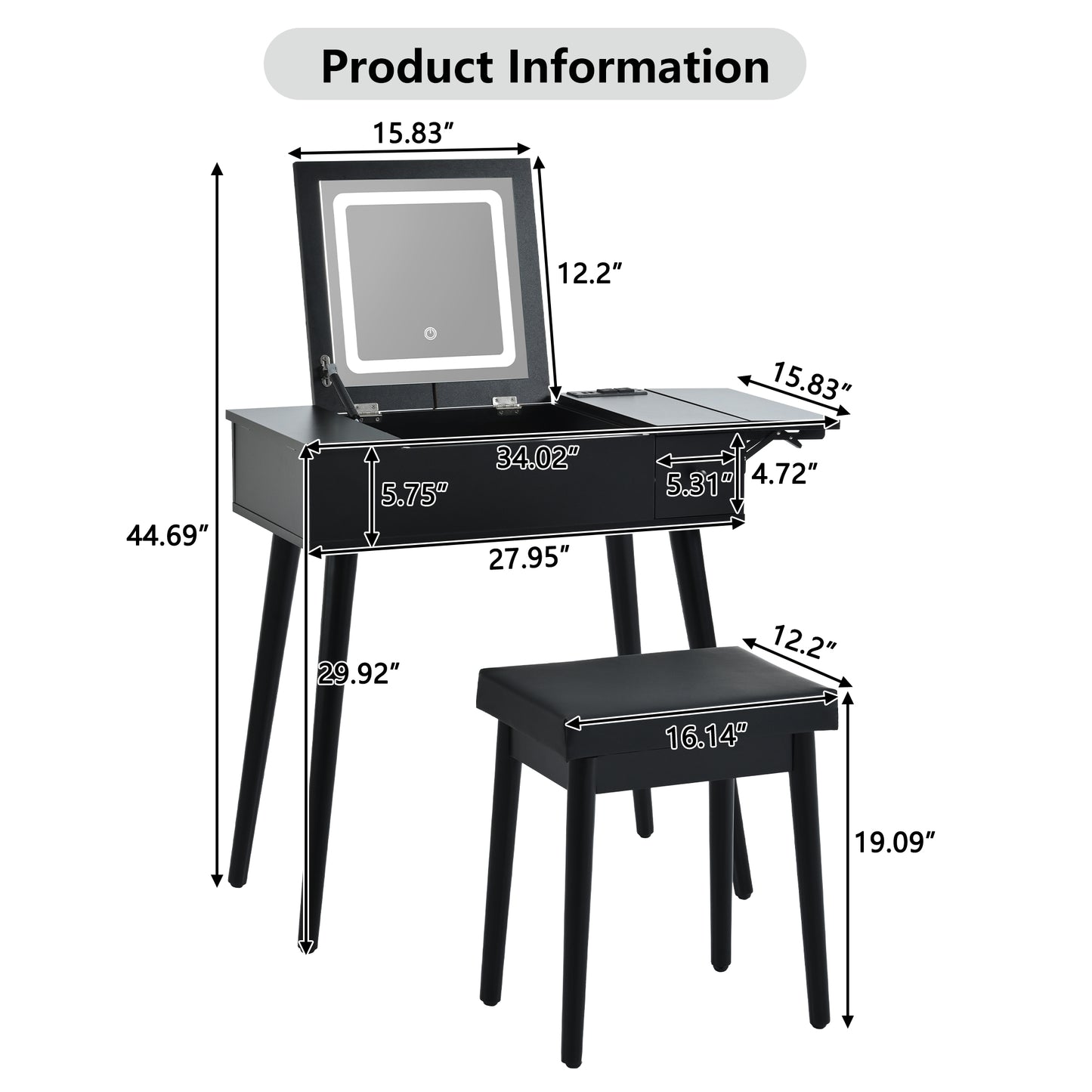 27.9" Black Makeup Vanity Desk with Flip Top Mirror & LED Light – Charging Station, 2 Drawers, Black Makeup Vanity, Flip Top Mirror, LED Light Vanity