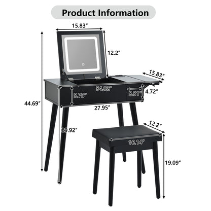 27.9" Black Makeup Vanity Desk with Flip Top Mirror & LED Light – Charging Station, 2 Drawers, Black Makeup Vanity, Flip Top Mirror, LED Light Vanity