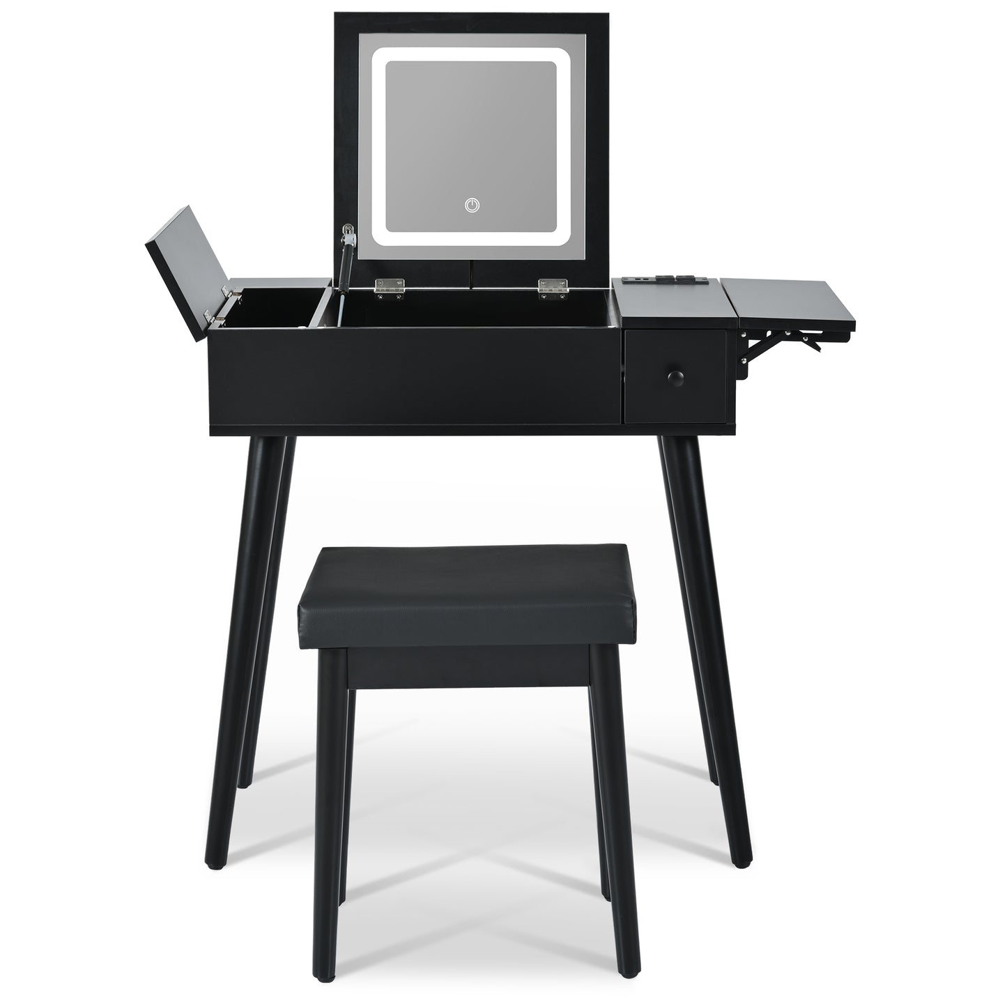 27.9" Black Makeup Vanity Desk with Flip Top Mirror & LED Light – Charging Station, 2 Drawers, Black Makeup Vanity, Flip Top Mirror, LED Light Vanity