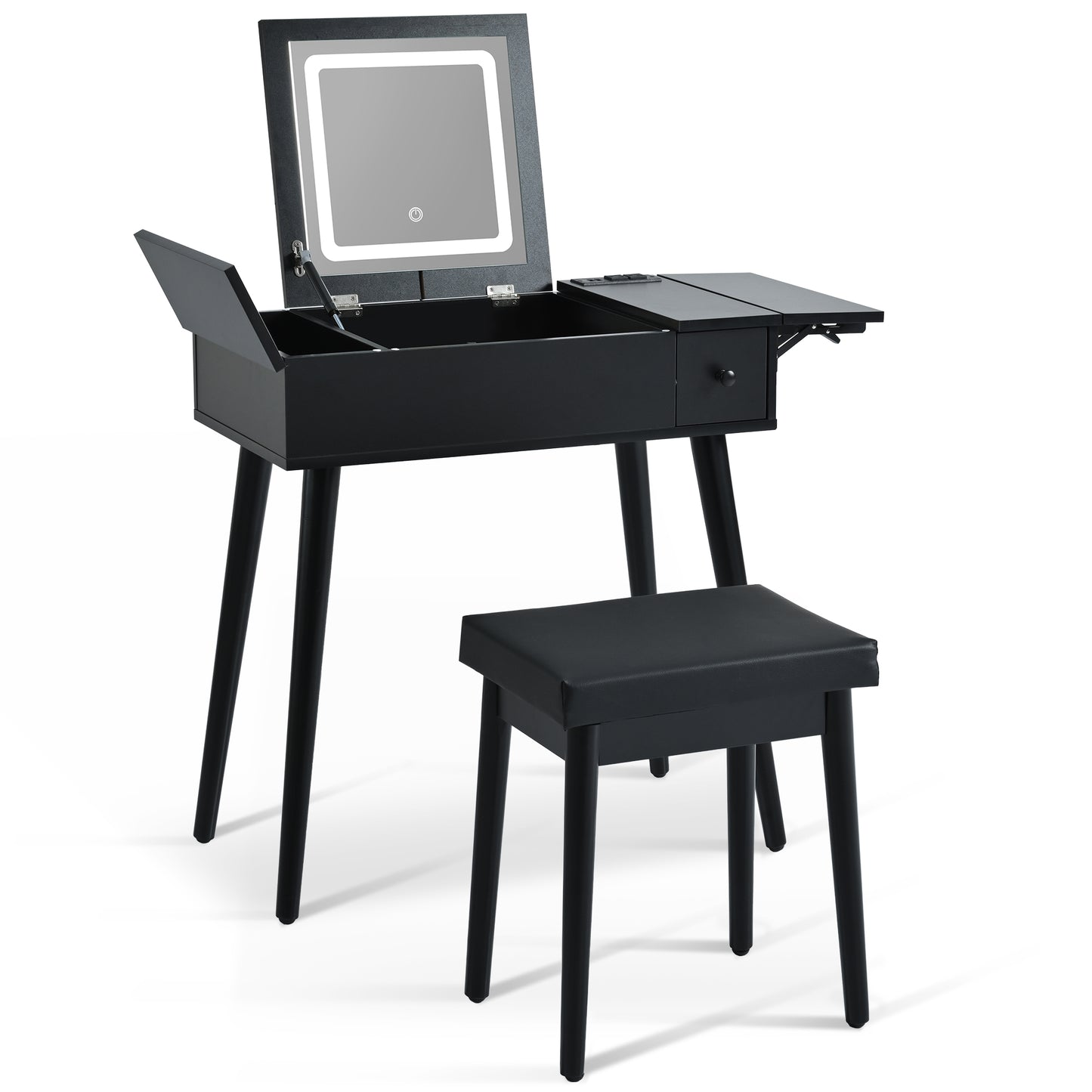 27.9" Black Makeup Vanity Desk with Flip Top Mirror & LED Light – Charging Station, 2 Drawers, Black Makeup Vanity, Flip Top Mirror, LED Light Vanity