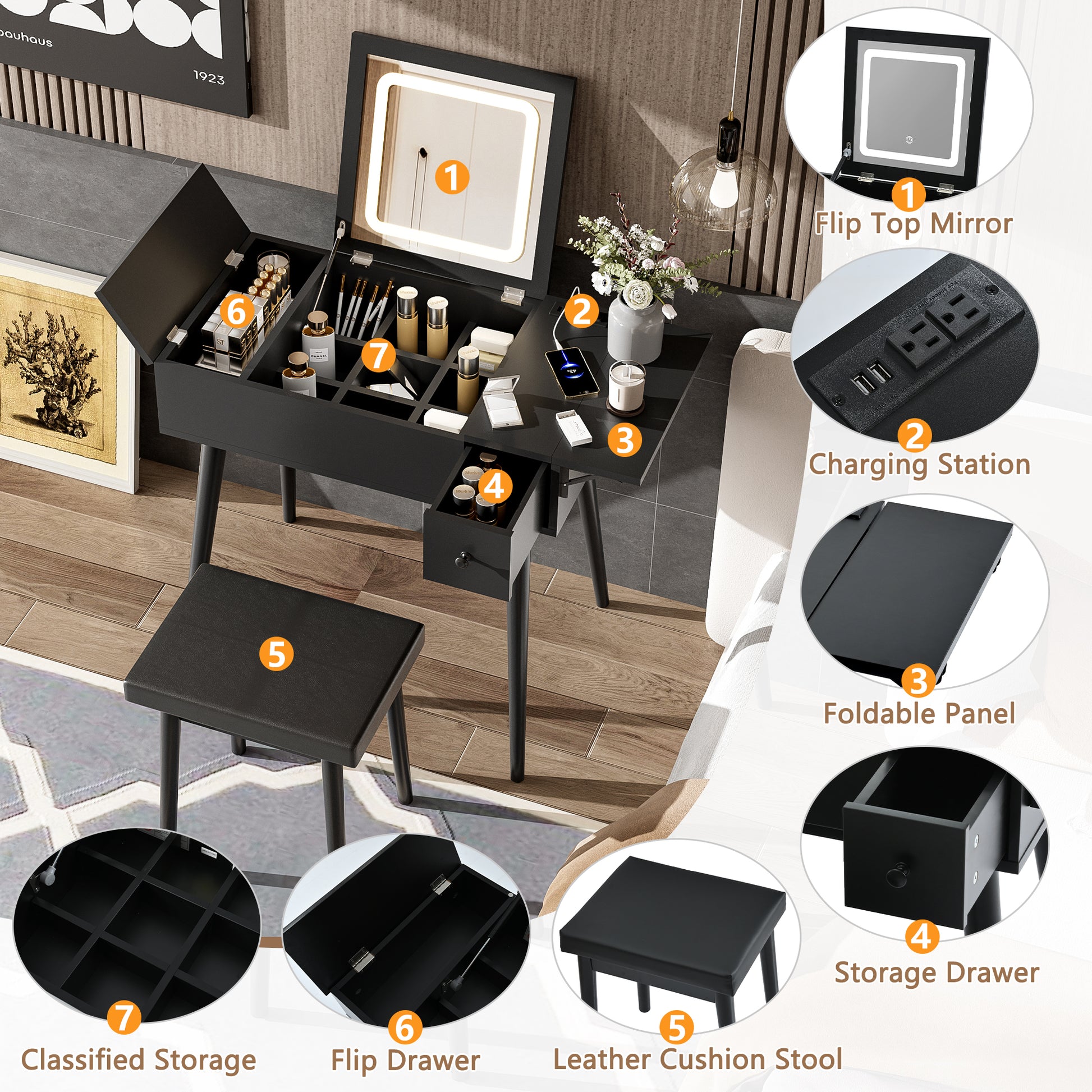 Flip top mirror and LED light black makeup vanity desk with drawers