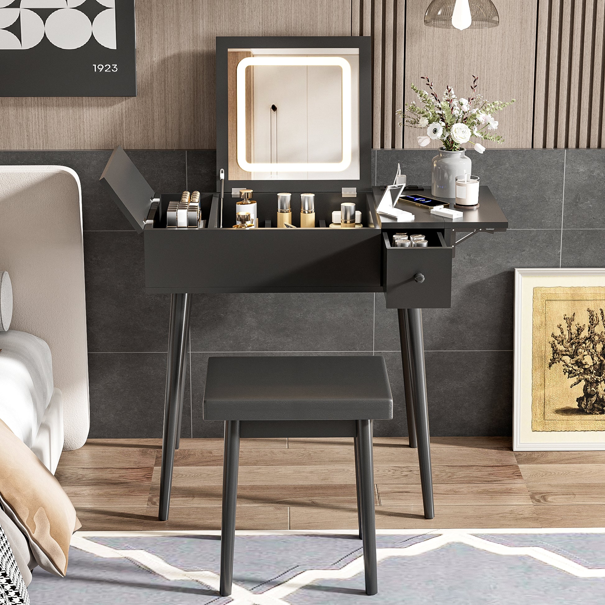 Black dressing table with charging station and LED lighting vanity